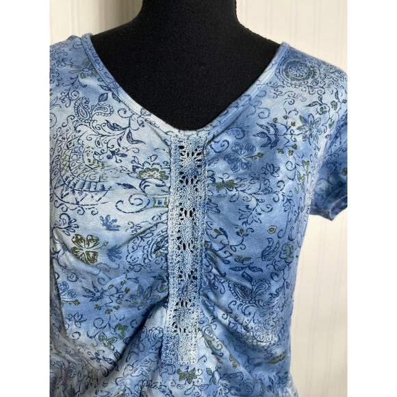 Gloria Vanderbilt Short Sleeve Floral Crochet Babydoll Top Women's Size L Blue - Picture 2 of 9